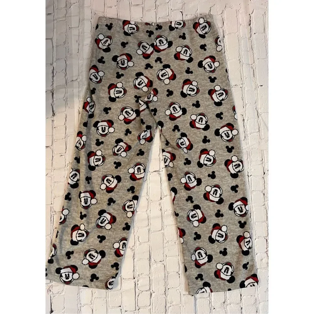 Disney Size L Santa Mickey Mouse Pajama Lounge Pants Gray Fleece Comfy Cozy